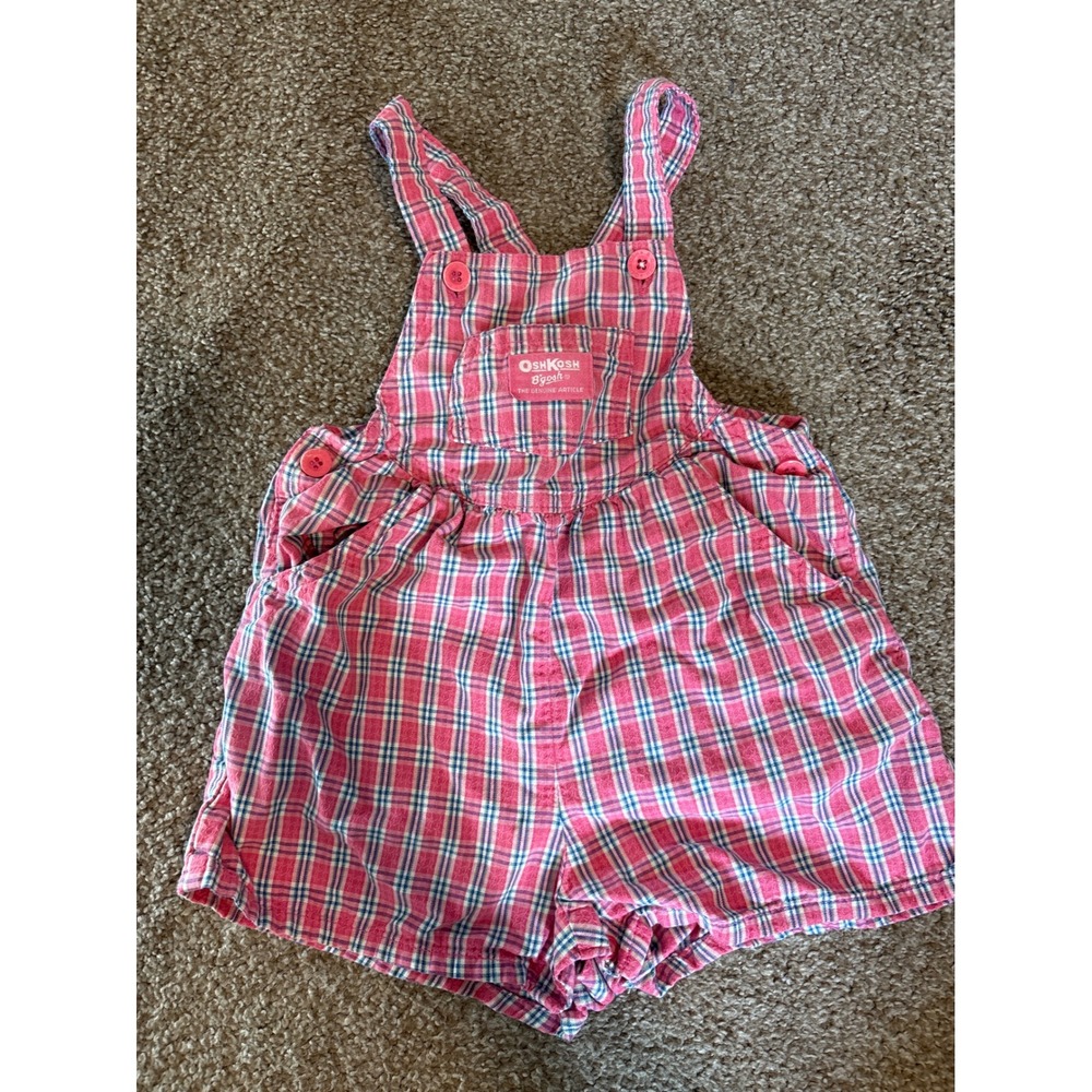 OshKosh Plaid Shortall Overalls Girls 3T Pink Excellent Vintage Style Bib Shorts